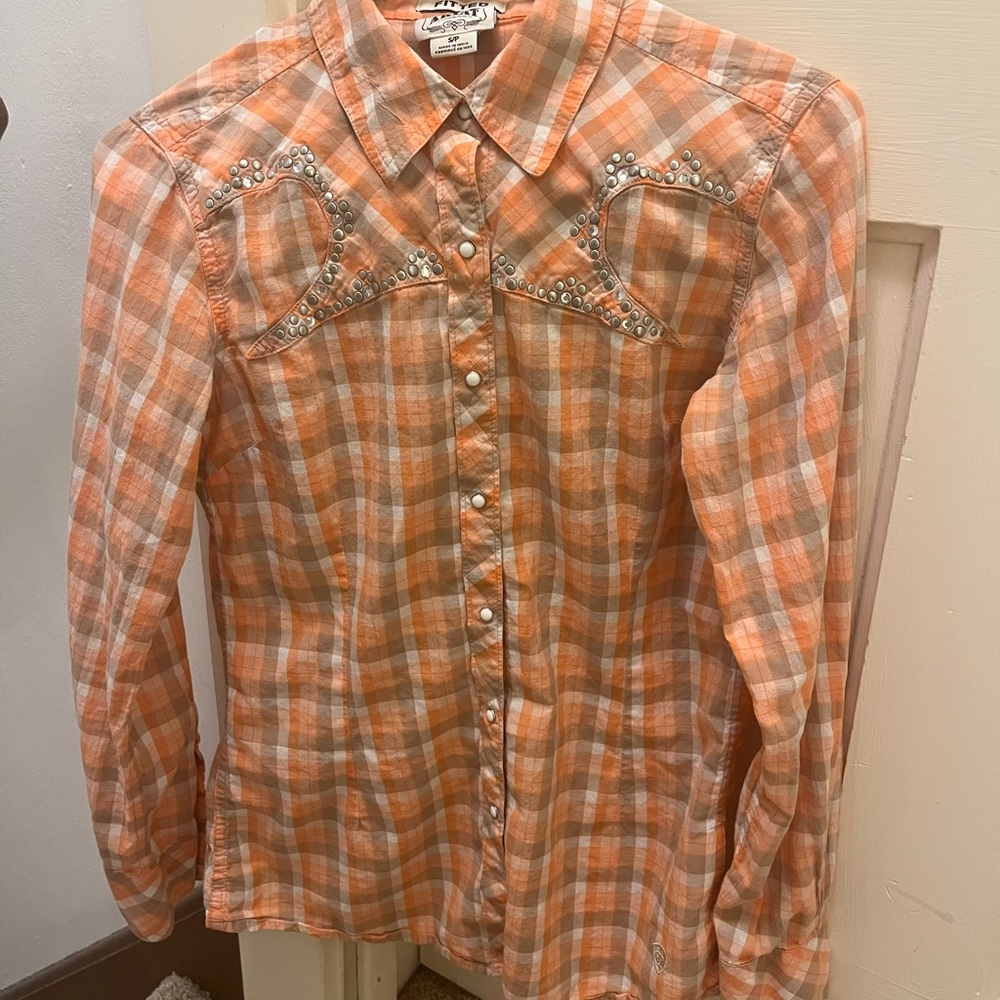 Ariat Orange Plaid Button-Up Shirt with Studded Details